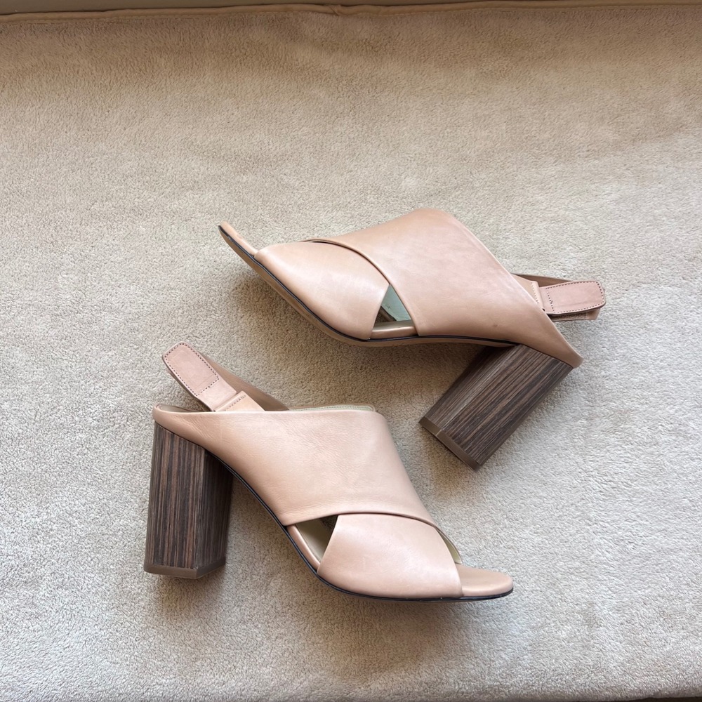 Vince Women 8 M EU 38 Nude Leather Slingback Block Heel Sandals Italy Wide Strap